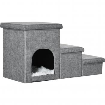 Hundetreppe, 3 Stufige Katzentreppe mit Höhle, 3-in-1 Tiertreppe Hellgrau