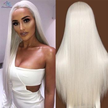 BeautyTown Silver White Long Straight Synthetic Wig
