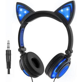 Auriculares para niños con luces LED y orejas de gato, plegables y recargables, compatibles con iPhone y Android