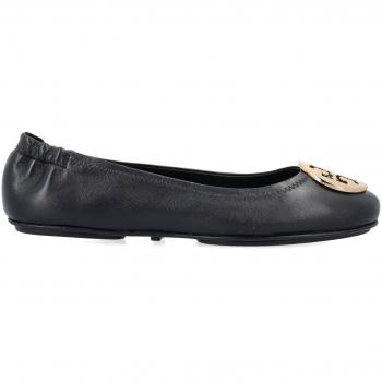 Tory Burch Black Leather Ballerinas with Brass Accents