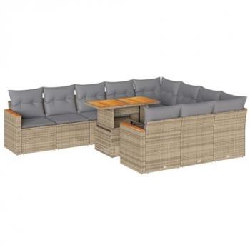 VidaXL 11 Piece Patio Sofa Set with Cushions Beige Poly Rattan Acacia