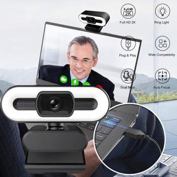 2K Webcam with Microphone and Touch Control Ring Light for PC