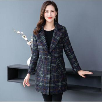 Autumn Winter Women’s Plaid Wool Blend Coat, Mid-Length, XL-5XL