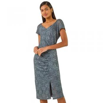 Silver-Lined Lace Side-Ruched Stretch Dress
