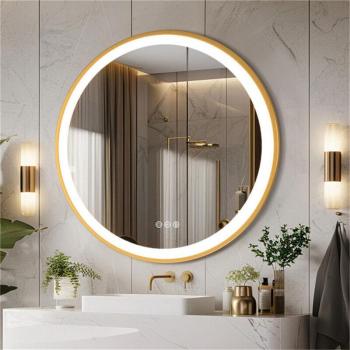 GlowFrame 80 cm – Specchio da Bagno LED rotondo, cornice alluminio dorato, interruttore touch