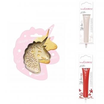 Kit de Galletas Relieve Unicornio + 2 Bolígrafos Chocolate Blanco-Rojo Gris