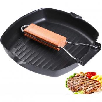 Portable Non-Stick Grill Pan with Wooden Handle