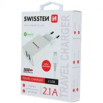 Chargeur secteur 2 ports USB Swissten Smart IC 2.1A + Câble Lightning 1.2m Blanc