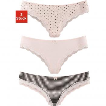 Lascana Brasilslip – Rosa Uni, 3‑teiliger Set aus Baumwolle & Spitzenoptik