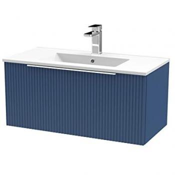 Hudson Reed Fluted 800mm Wall Hung Single Drawer Vanity Unit with Minimalist Ceramic Basin, Satin Blue, Dimensions: 377mm H x 800mm W x 390mm D