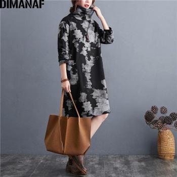 DIMANAF Plus Größe Frauen Vintage Kleid Langarm Rollkragen Winter Baumwolle