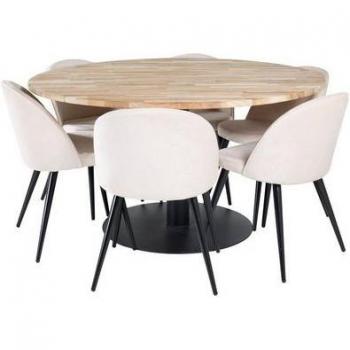 Essgruppen‑Set Cirebon140 – Teak Tisch, 6 Velvet Stühle (Schwarz/Beige)