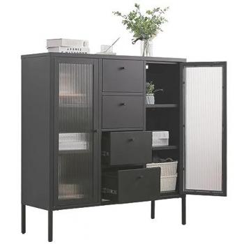 Coemo Hochkommode Paris 105x35x110cm Metall schwarz mit 4 Schubladen und Glastüren