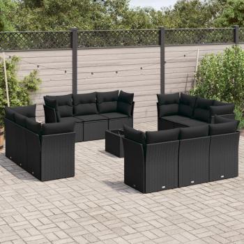 13-Piece Black Poly Rattan Patio Sofa Set with Cushions