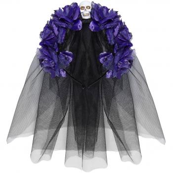 Coiffe Dia de los Muertos avec fleurs violettes et tête de mort