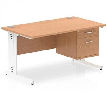 Impulse Bench 1400 X 800mm Straight Office Desk Oak Top White Cable Managed Leg