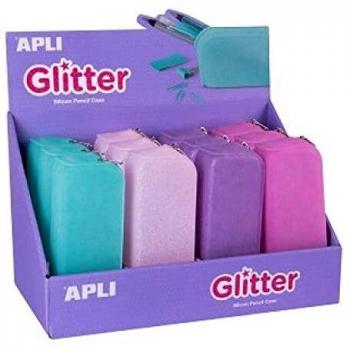 Bolso Portatodo Apli Silicona Soft Glitter Expositor de 12 Unidades Colores Surtidos