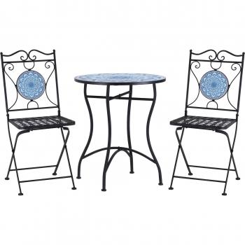 Set da Giardino Outsunny 3 Pezzi con Decorazioni Mosaico, Tavolino Rotondo e 2 Sedie Pieghevoli in Metallo, Blu