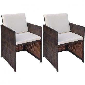 Gartenstühle 2 Stk. mit komfortablen Polstern und Kissen aus Poly Rattan in Braun