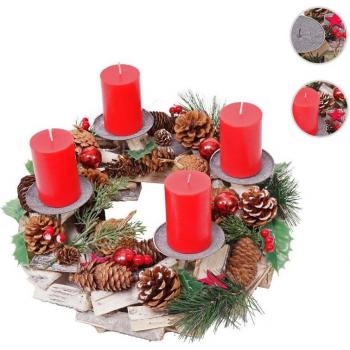Couronne MENDLER HWC‑H49 – décorations d’Avent en bois rond (Ø 33 cm) avec quatre bougies rouges