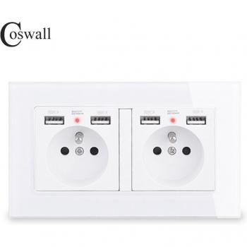 Enchufe COSWALL de 2 entradas y 4 puertos USB, con LED oculto y panel de cristal, en colores negro, blanco y gris
