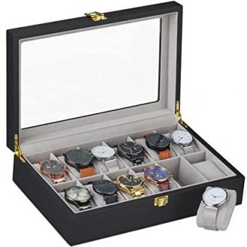 Uhrenbox mit 12 Fächern, Glasfenster, Samtpolster, 8,5 x 31,5 x 21 cm, schwarz-grau