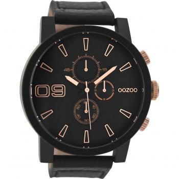 OOZOO Quarz‑Herrenklokke – Schwarze Analogzeitmesser, 50 mm rund, mit edlem Lederarmband
