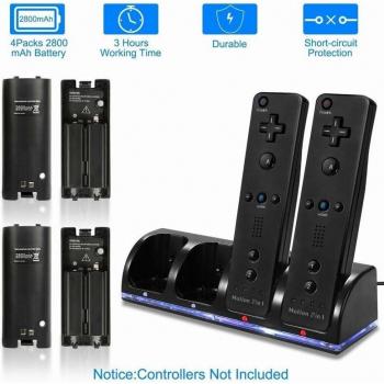 Cargador múltiple portátil para Wii, soporte con baterías extraíbles, LED y cable mando a distancia