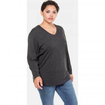 Plus Size Relaxed Fit V-Neck Long Sleeve Cotton Tee for Women, Black, Size 20/22
