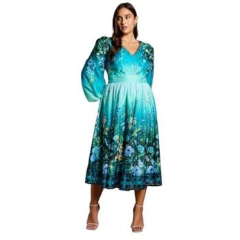 Azure Coast Midi Dress – Women's Plus V‑Neck, Long Sleeve, Teal Organza
