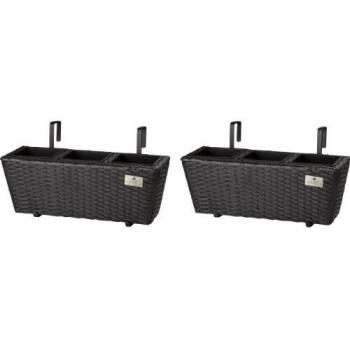 Gartenfreude Polyrattan Balkonbox, Set mit 2 Kästen, 47 x 17 x 15 cm, mit Aufhängung und 3 Einsätzen