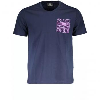 Plein Sport, T-Shirts, male, Blue, Size: M Blue Cotton V-Neck T-Shirt with Print