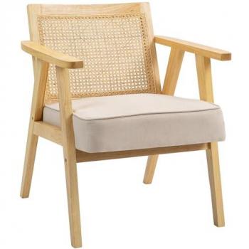 Rattan Back Accent Armchair with Padded Seat and Wood Frame