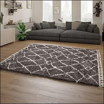 Tapis d'intérieur shaggy poil long anthracite, design scandinave