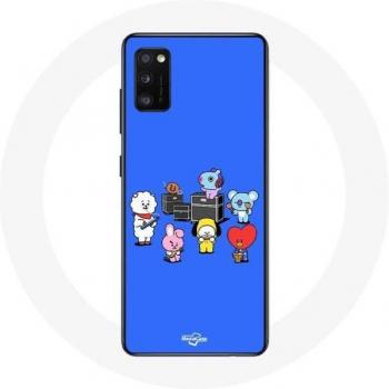 BTS BT21 Case für Oppo A16 – Tata, Chimmy, Cooky, Rj, Koya, Shooky und Mang auf blauem Hintergrund