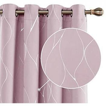 Deconovo Blackout Curtains, Eyelet Curtains, Thermal Insulated Silver Wave Foil Printed for Living room, 66 x 90 Inch, Baby Pink, 1 Pair