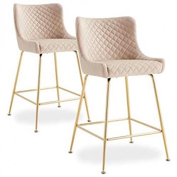Lot de 2 chaises de bar Bellamy Velours Beige pieds Or