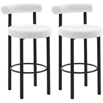 Lot 2 Tabourets Bar HOMCOM Dossier Incurvé Repose‑Pieds Tissu Bouclette Métal Crème (50×52,5×98 cm)