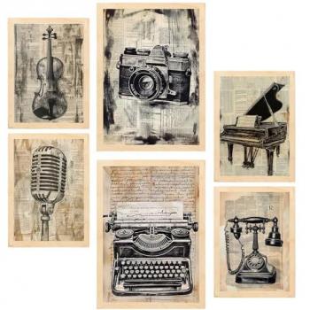 Set de 6 pósters decorativos vintage love. cámara, micrófono, piano, violín, teléfono. Tamaños A3 y A4 sin marco