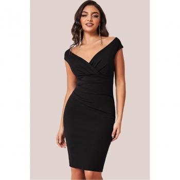 Elegant Black Bardot Pleated Midi Dress by Goddiva