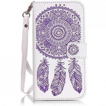 Funda para Apple iPhone 7, caja con estampado de flores doble cara con Rhinestone, resina soporte monedero con correa de mano (Color: White-Purple, Tamaño: Iphone7)