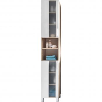Hochschrank WELLTIME Padua, Badschrank Weiß Hochglanz mit satiniertem Glas