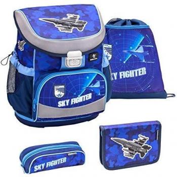 Belmil Schulranzen Set 4-teilig Jungen 1, 2 Klasse Grundschule/Super Leicht 750-800 g/Brustgurt/Flugzeug, Airplane/Blau
