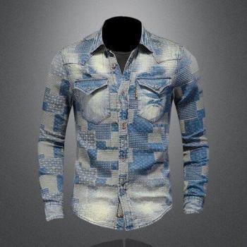 Men's Casual Artistic Patch Denim Shirt