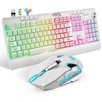 Wireless Gaming Keyboard and Mouse Bundle with RGB Backlit Rechargeable 4000mAh Battery Mechanical Ergonomic Feel Dustproof 16 Color Backlit Mice for Computer Mac Gamer