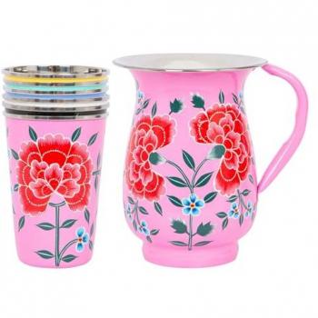 Hand-Painted Raspberry Peony Picnic Water Jug with 400ml Multicolour Cups
