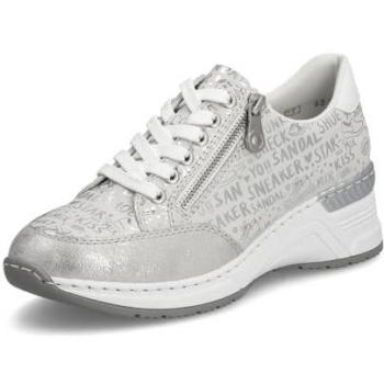 Rieker Damen Freizeitschuh mit Lettern, Halbschuh, Schnürschuh, Silber/Platin 42 EU