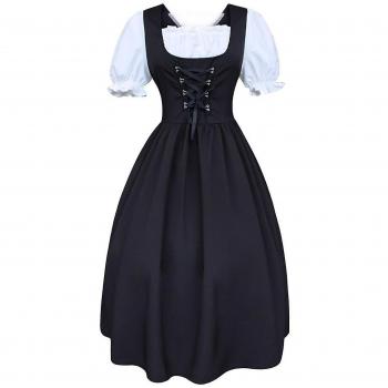 Midi Dirndl Femme avec Tablier et Chemisier Noir Blanc S-5XL