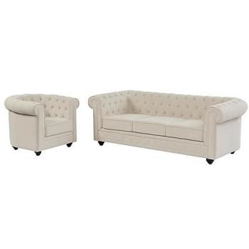 Canapé 3 places Chesterfield en tissu beige et fauteuil