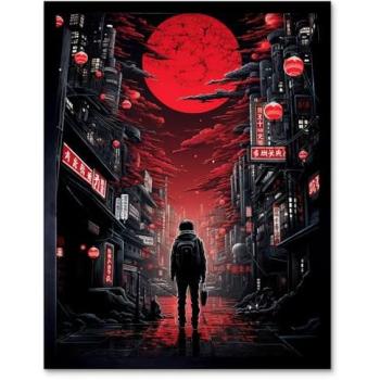 Midnight Tokyo Blood Moon – Gothic Urban Cityscape Wall Decor